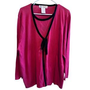 Studio Collection Women Red Sweater Black Velvet Trim Tie Plus Size 2X